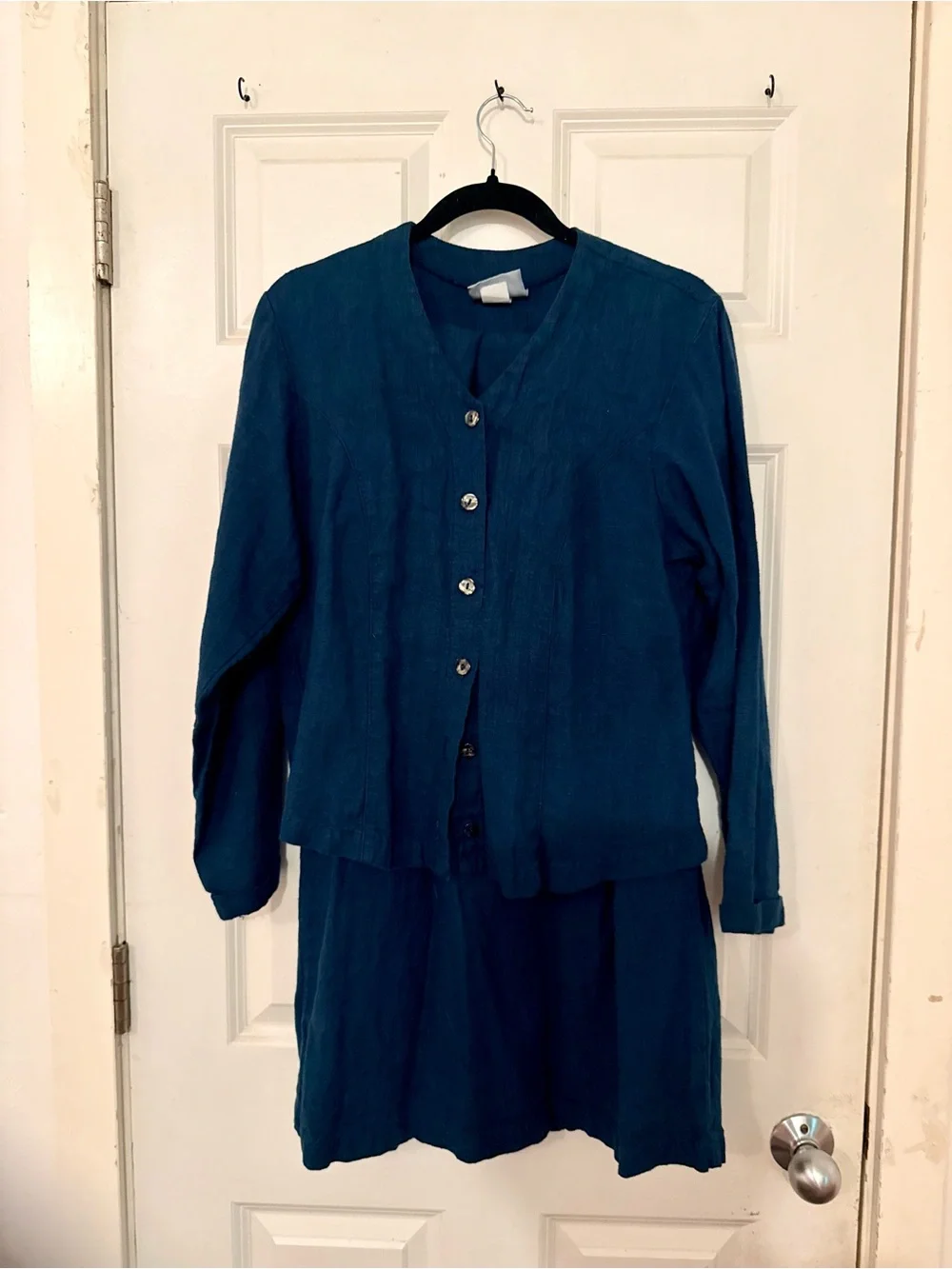Vintage Mishi Teal Women's Button-Front Linen Jacket and Skirt Set